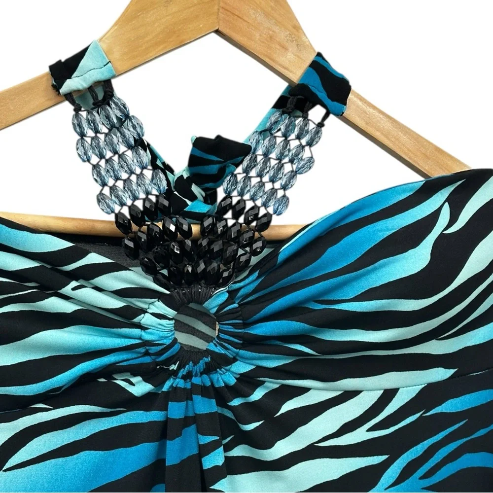 Fresh of LA Blue Zebra Pattern Halter Maxi Dress Beaded Straps - Picture 2 of 9